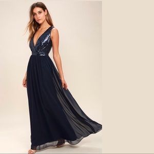 lulu’s navy “elegant encounter” prom dress